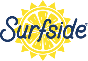 official surfside logo, blue text with yellow lemon
